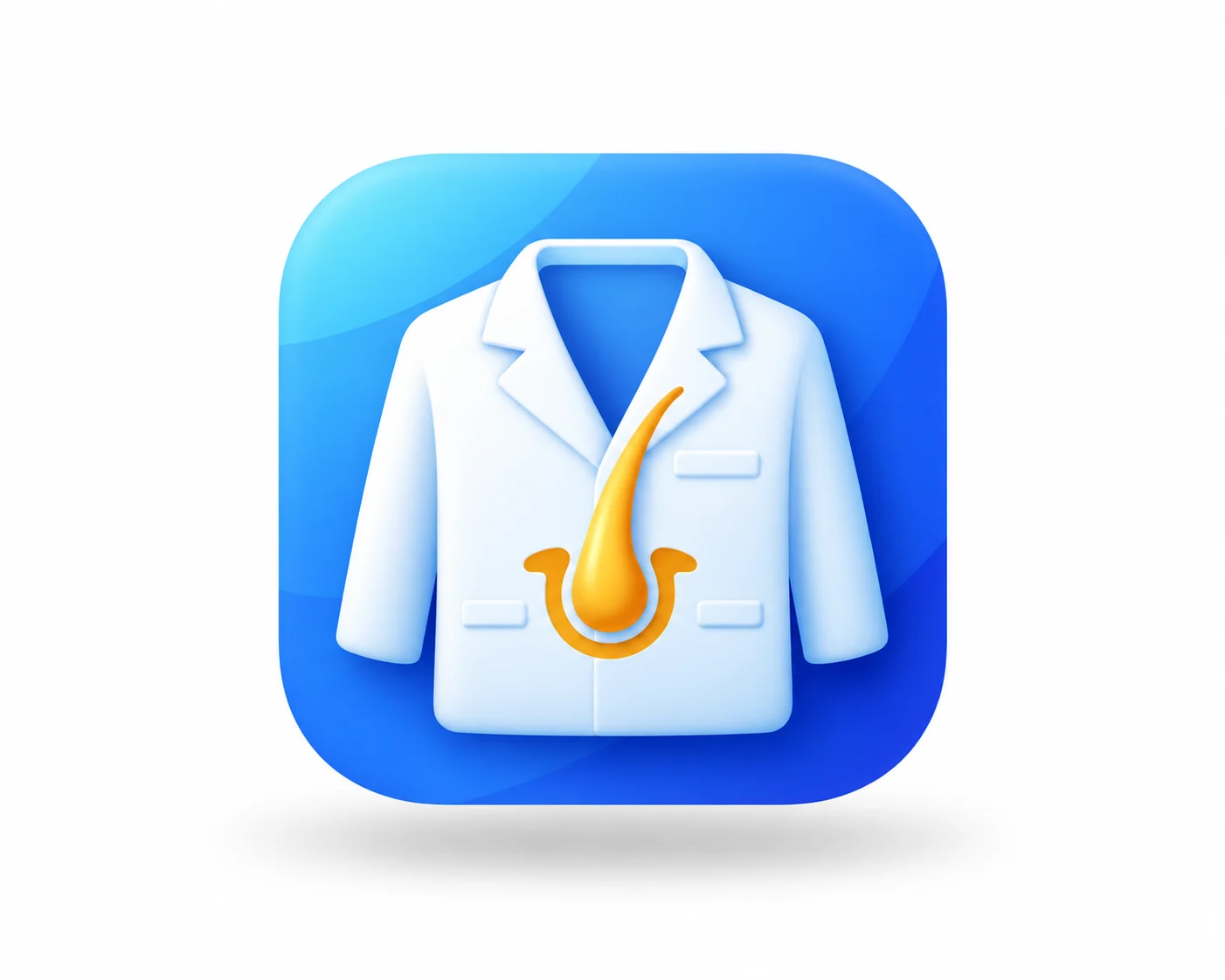 MyTrichology app icon: a white lab coat with a golden hair follicle