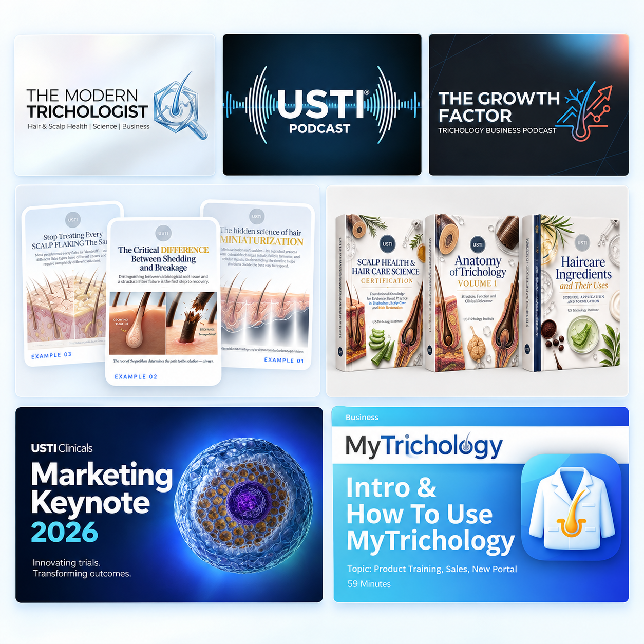 MyTrichology marketing tools: educational carousels, short videos, posting schedule guide, MyTrichology Drive and updates