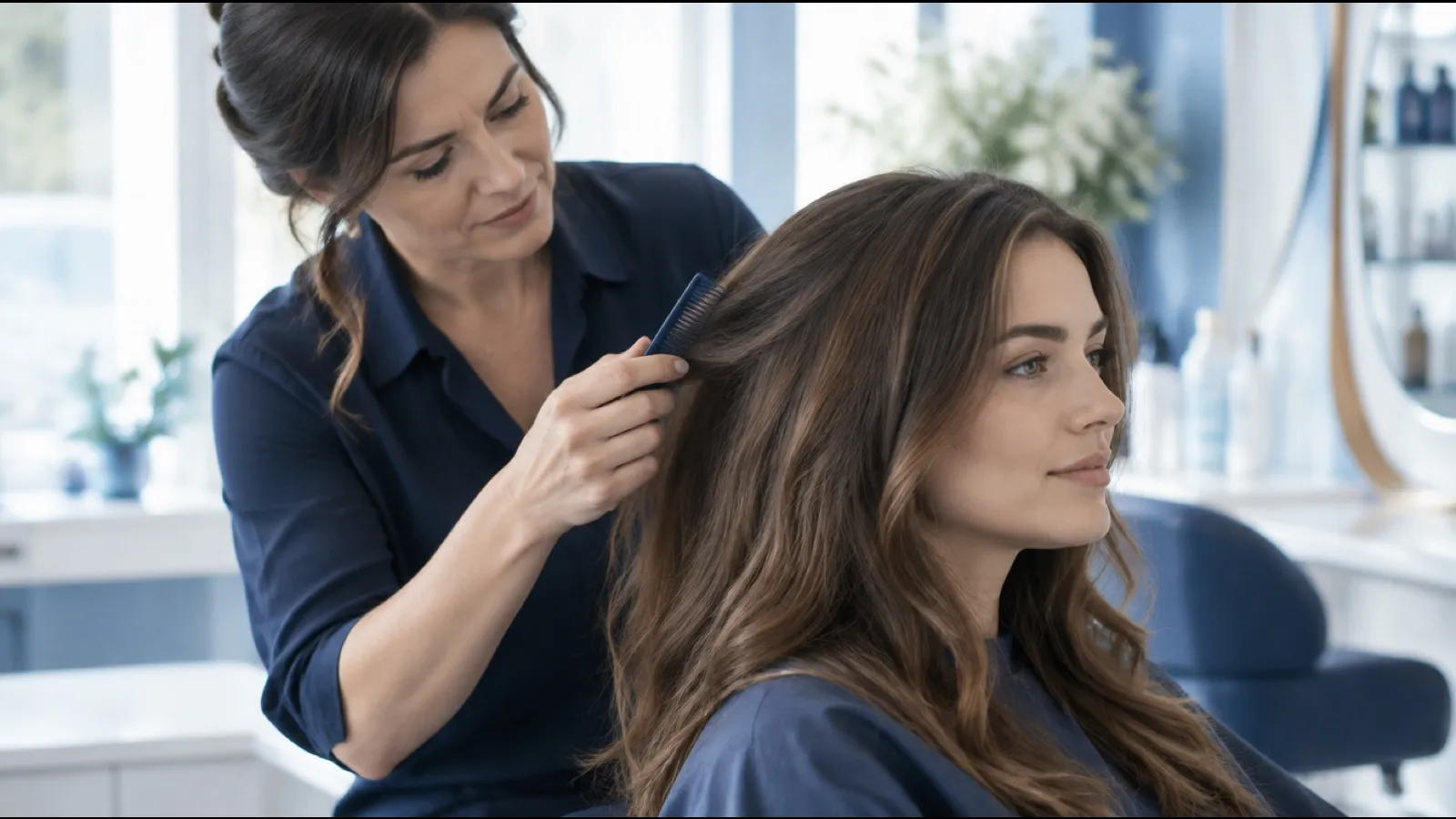 Stylist parting a client's long brown hair with a comb to check the scalp during a salon visit
