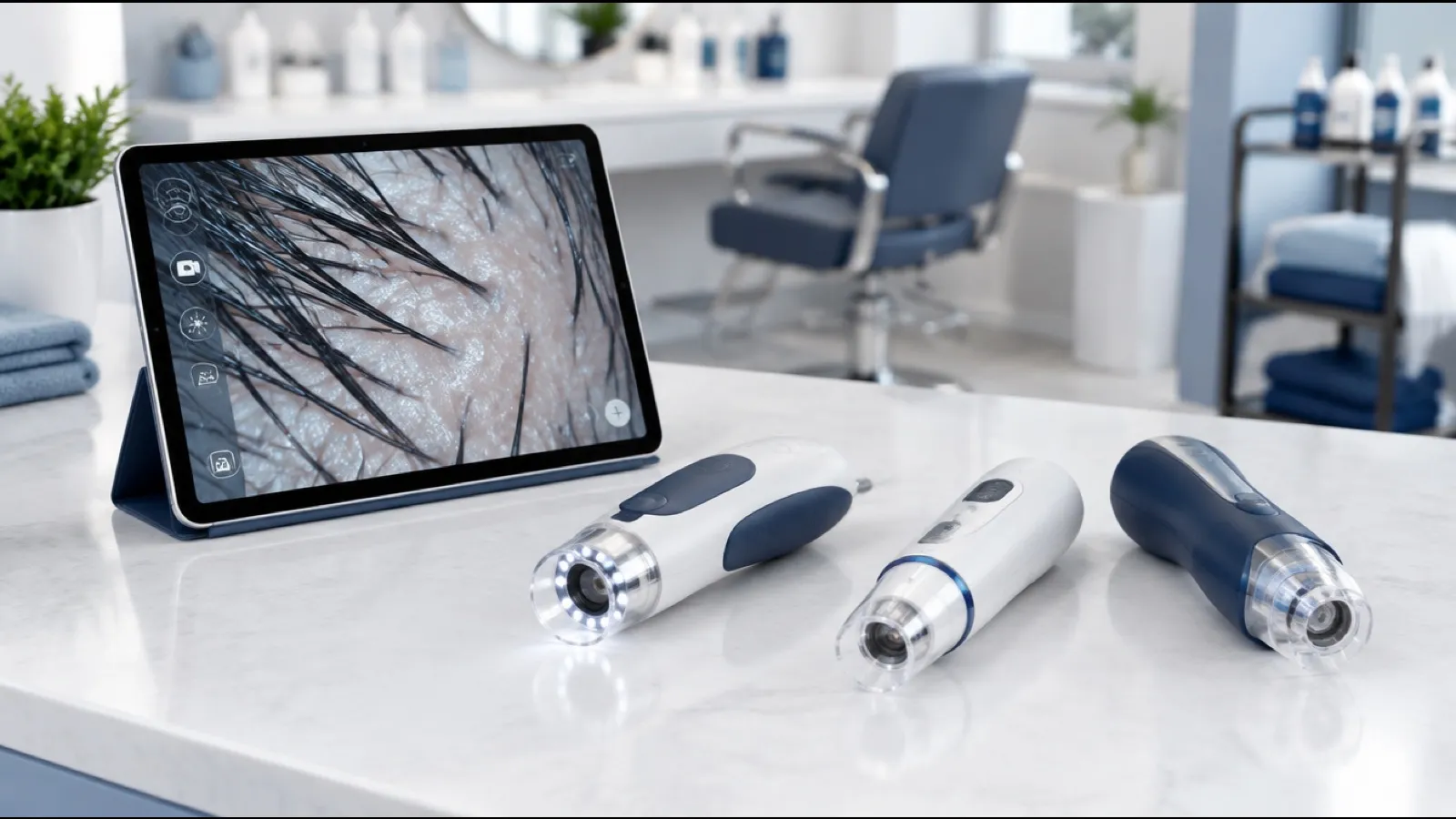 Three handheld scalp cameras on a salon counter next to a tablet showing a magnified view of hair and scalp