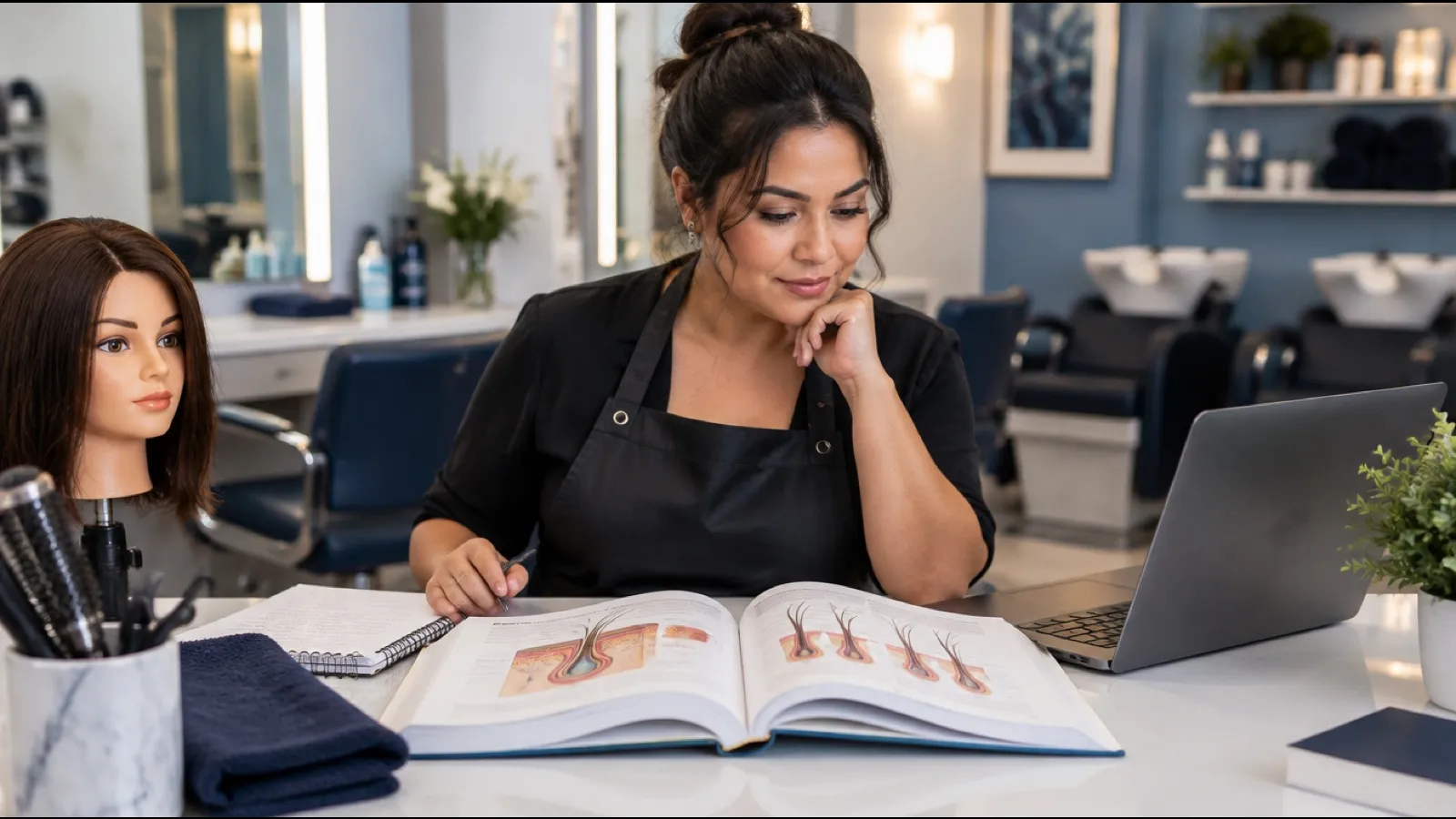 Cosmetologist in a black apron studying a hair follicle anatomy textbook at a salon station beside a mannequin head and laptop