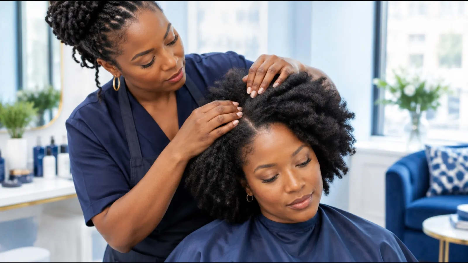 Stylist parting a client's natural coily hair to look closely at the crown of the scalp