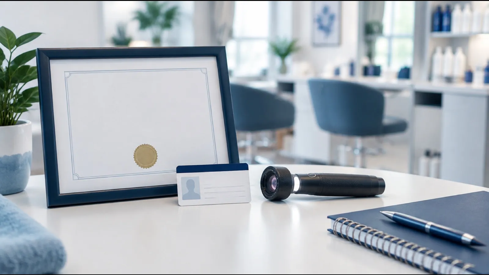 Framed certificate with a gold seal, a professional ID card and a scalp scope on a desk in a salon