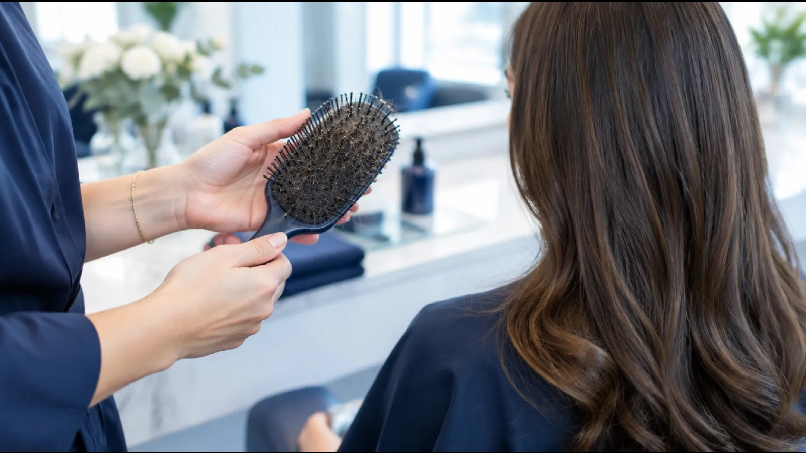 Stylist holding a hairbrush full of shed hair behind a client with long brown hair