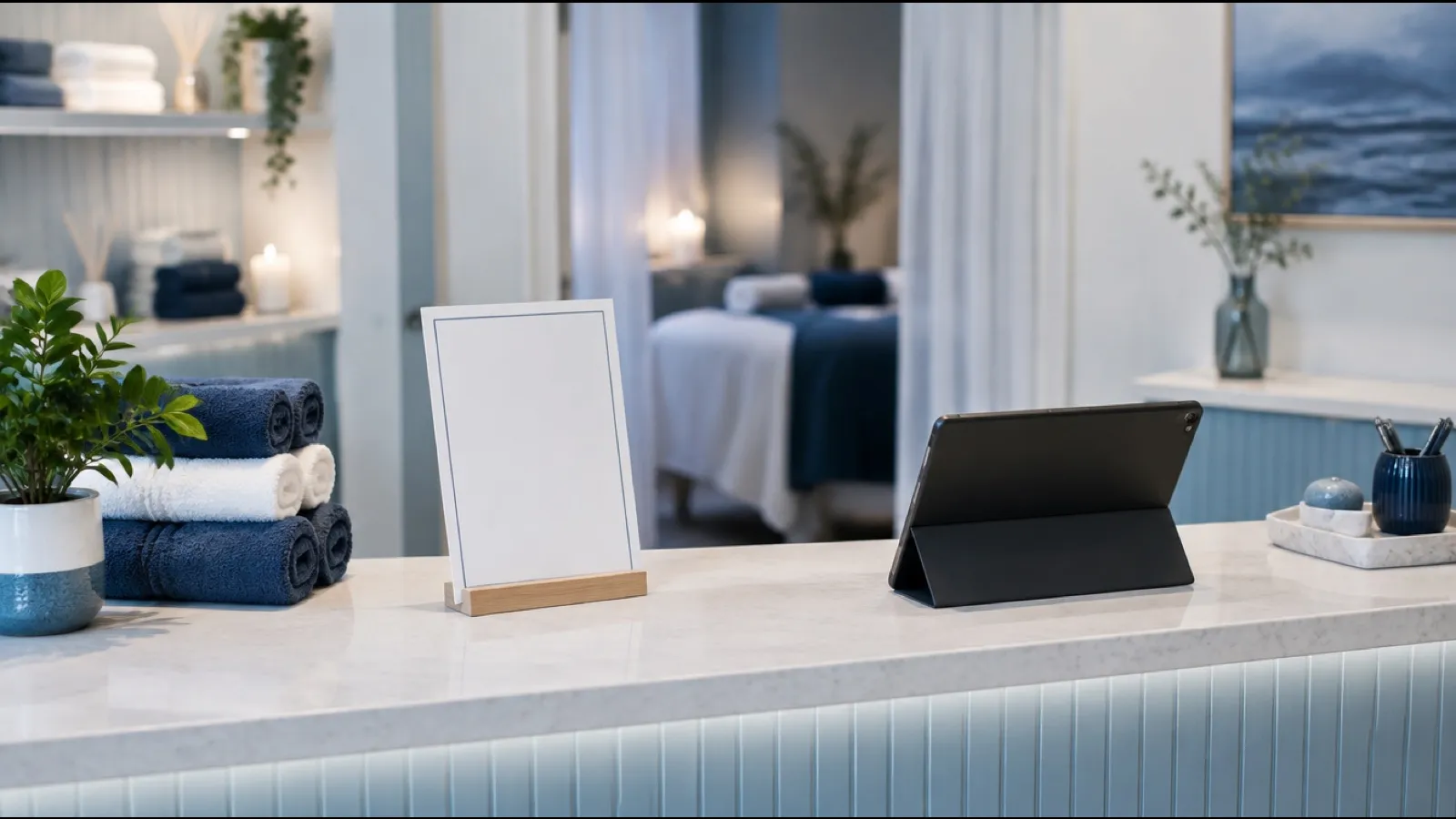 Head spa reception counter with a blank menu stand, a tablet and rolled towels, with a treatment bed behind