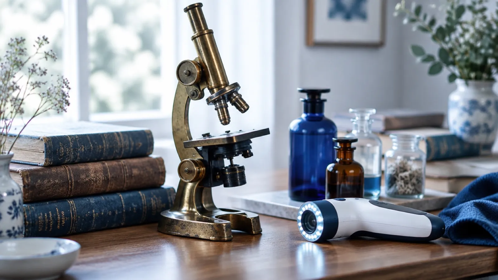 Antique brass microscope and old books beside a modern scalp scope