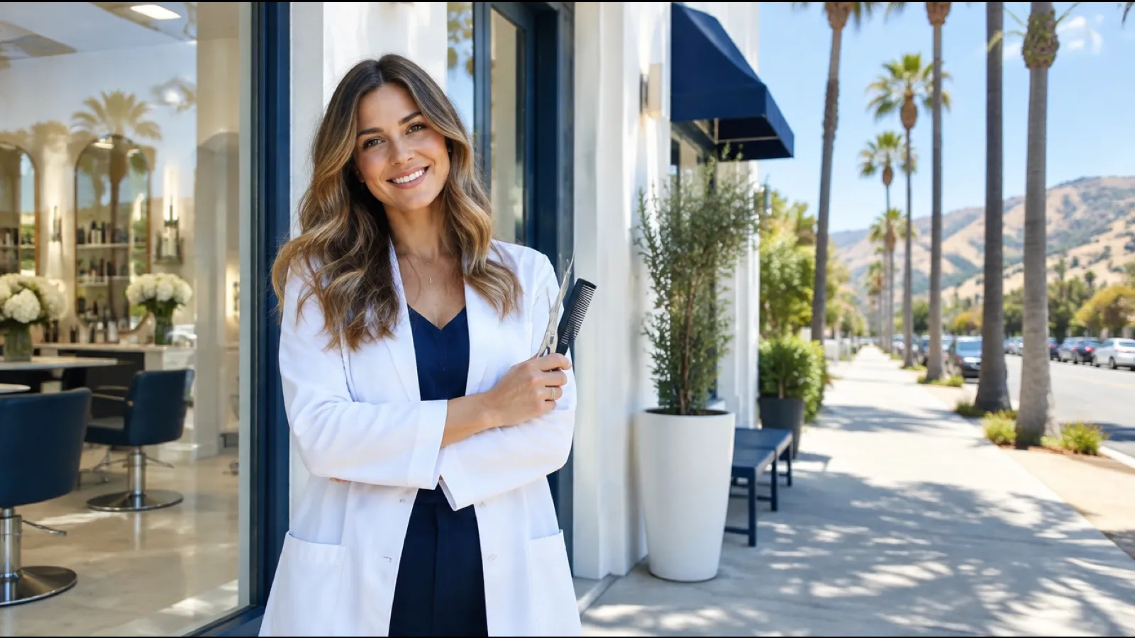 Smiling trichologist in a white coat holding shears and a comb outside a salon on a palm-lined California street