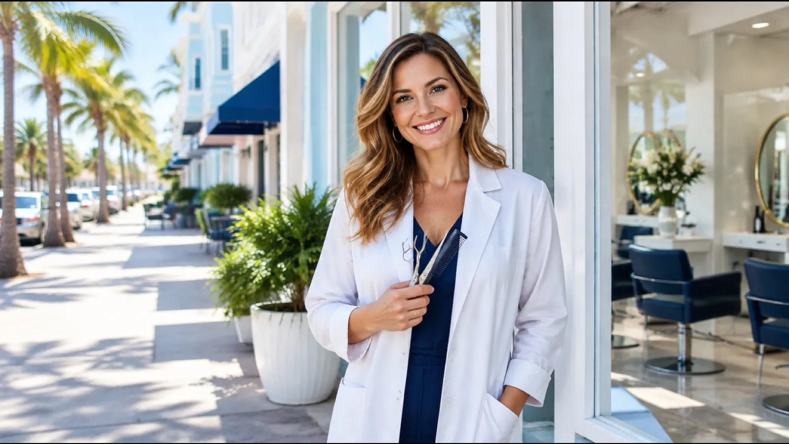 Trichologist in a white coat holding shears and a comb outside a bright salon on a sunny Florida street with palm trees