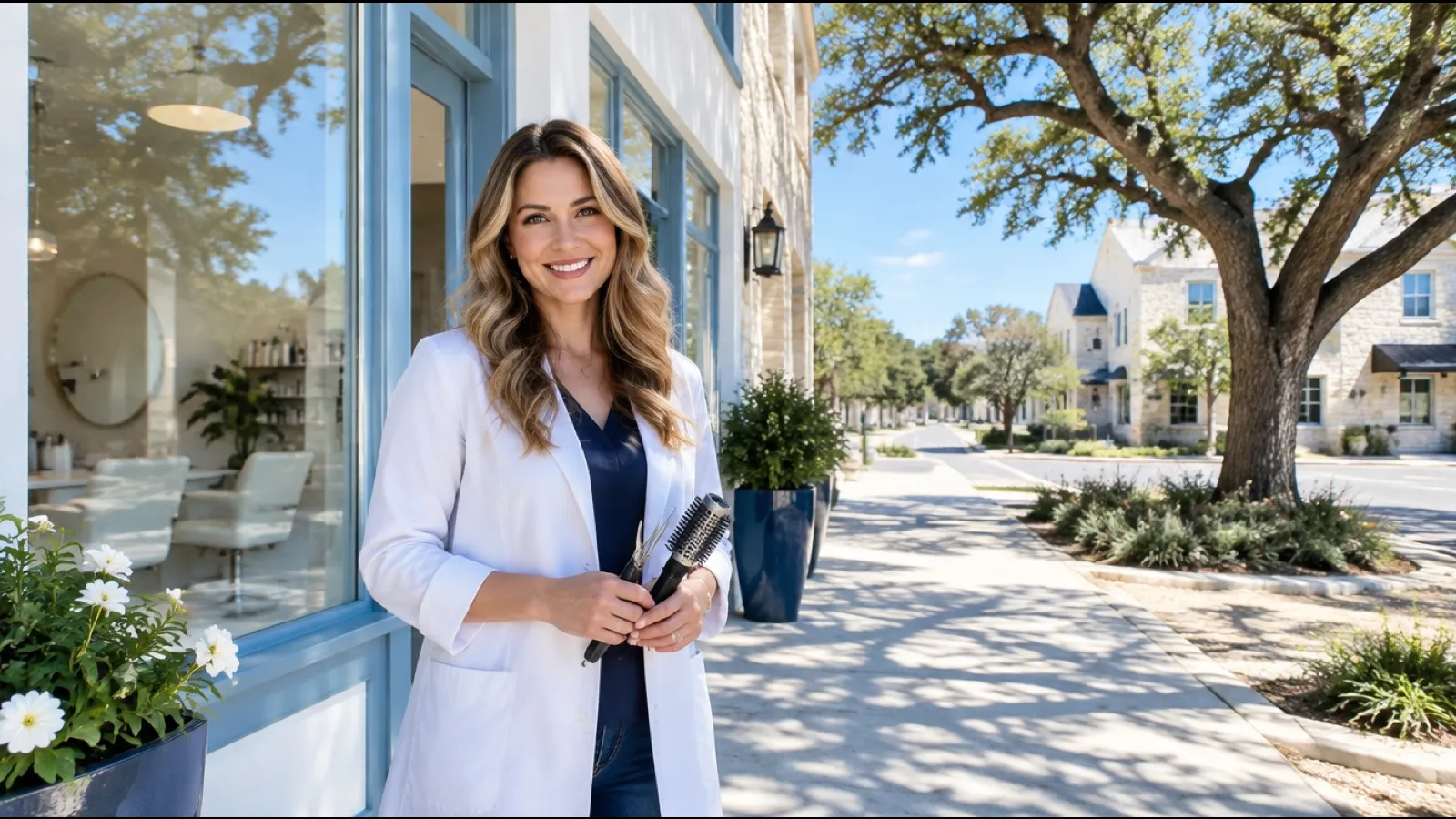 Trichologist in a white coat holding shears and a round brush outside a limestone salon under a Texas live oak