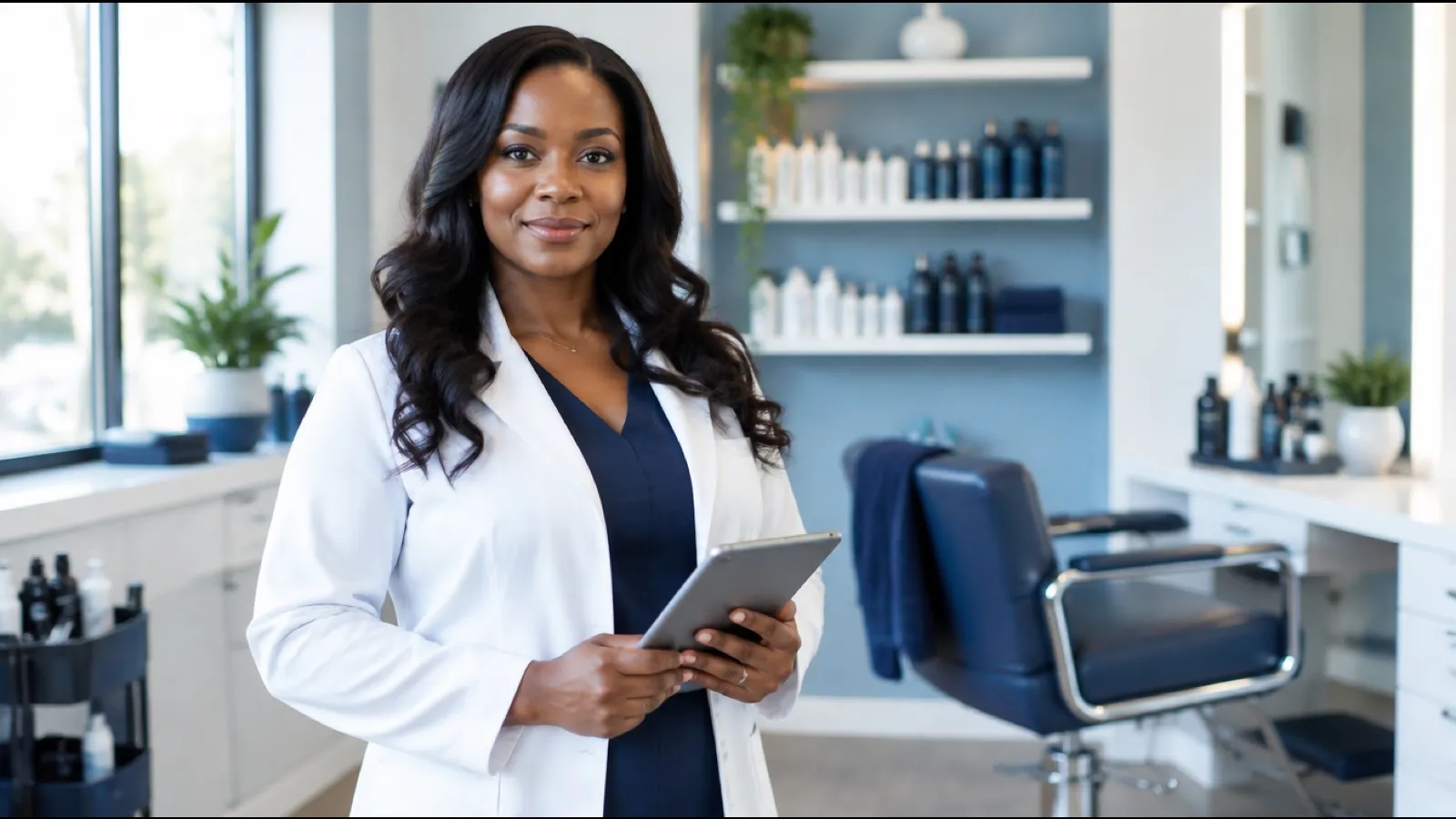 Smiling trichologist in a white coat holding a tablet in a bright salon with a styling chair and hair care shelves