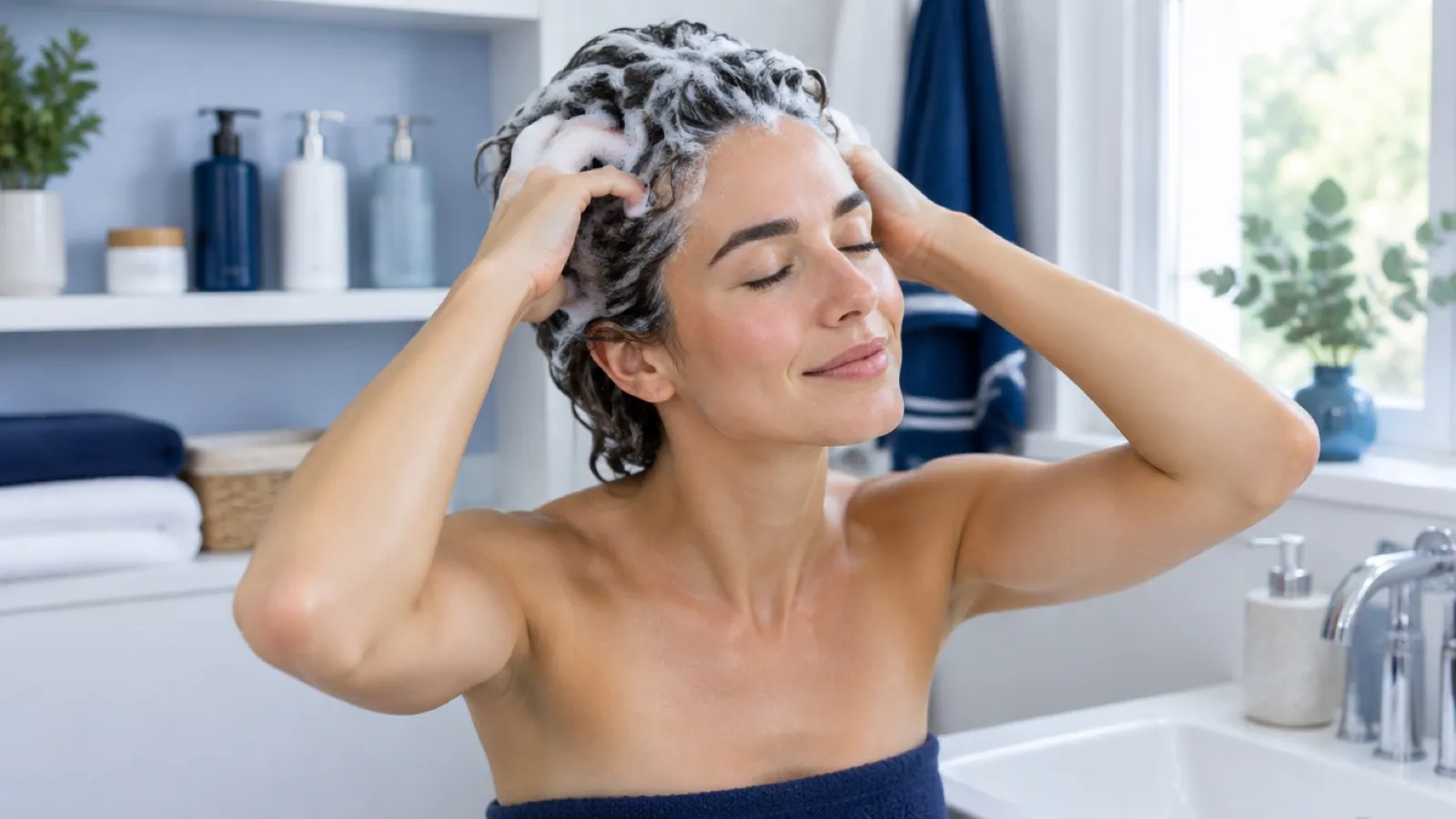 Woman massaging shampoo into her scalp