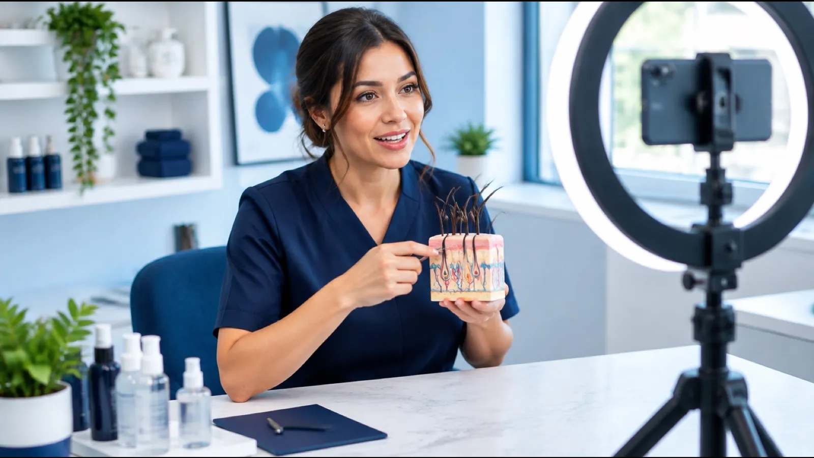 Trichologist holding a hair follicle model while recording an educational video in front of a ring light and phone