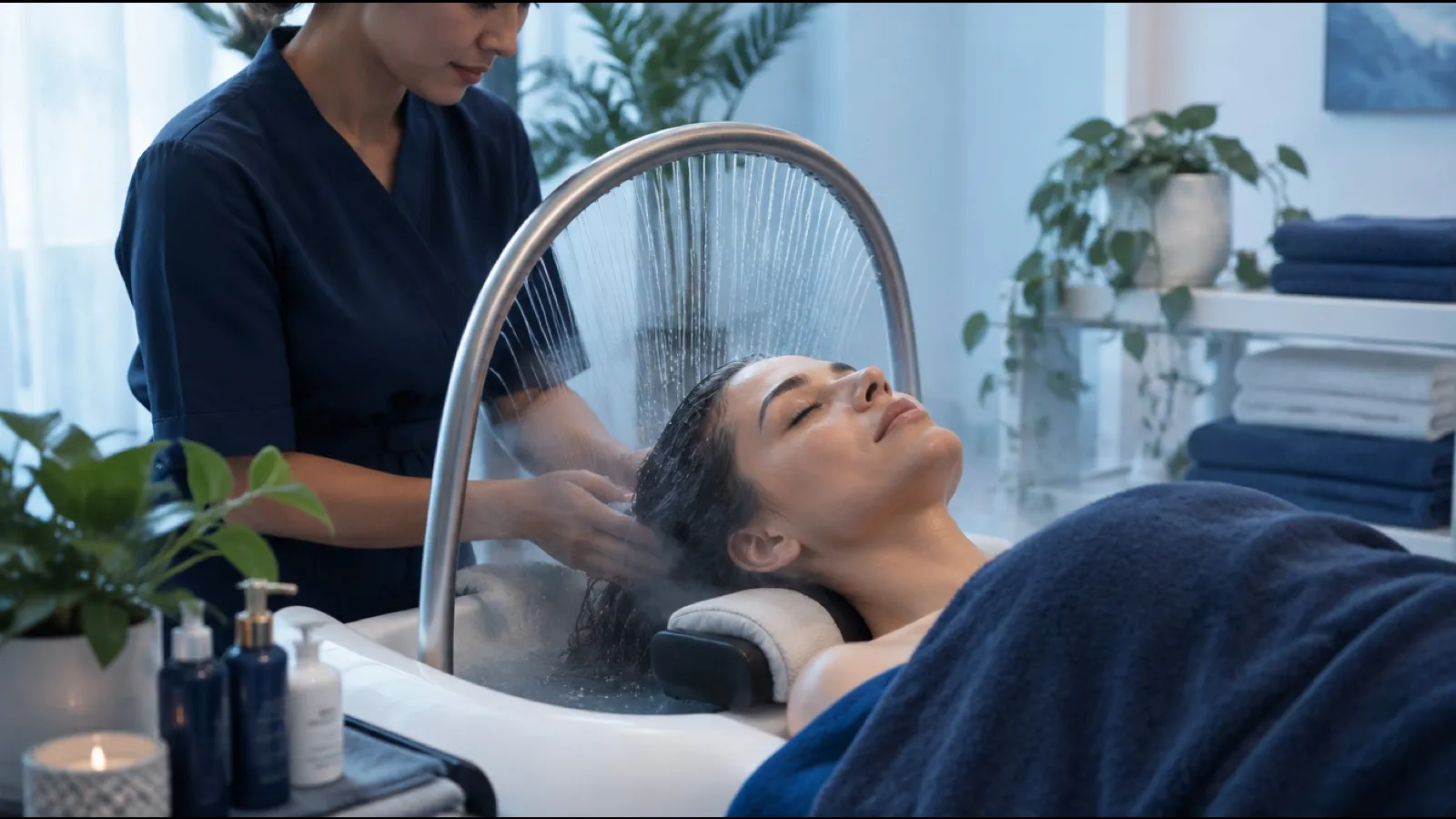 Head spa therapist rinsing a relaxed client's hair under a curved water arch at a spa basin