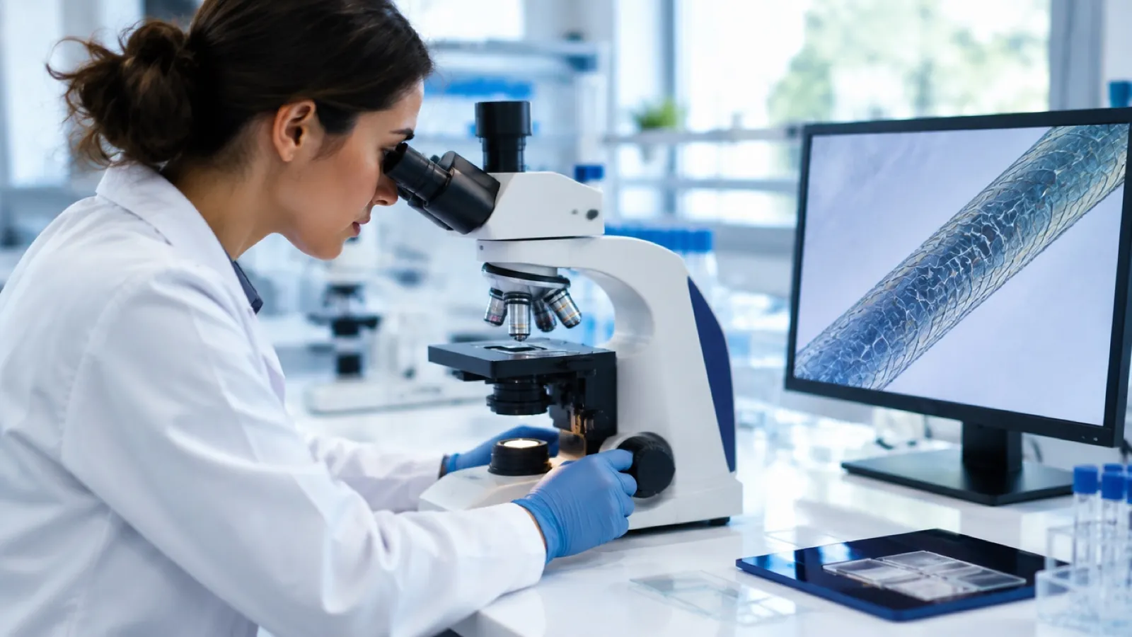 Researcher viewing a magnified hair shaft with a laboratory microscope
