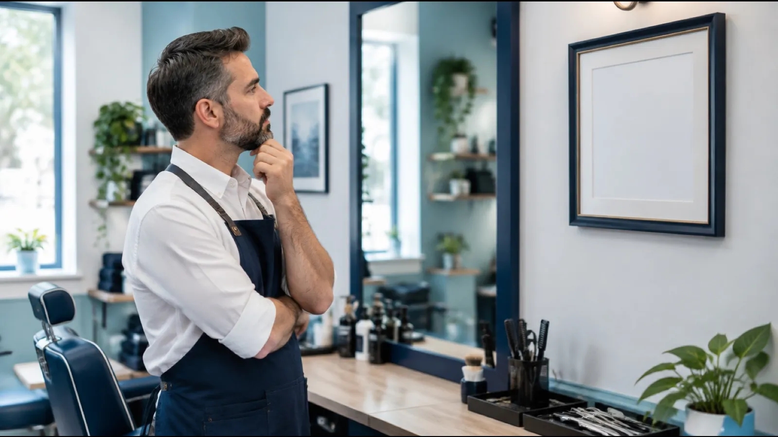 Barber in a navy apron thinking while looking at an empty certificate frame on his shop wall