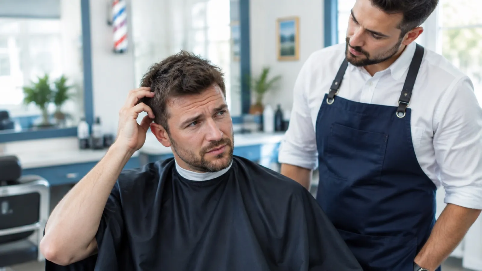 Man scratching his scalp in a barber chair while the barber looks on
