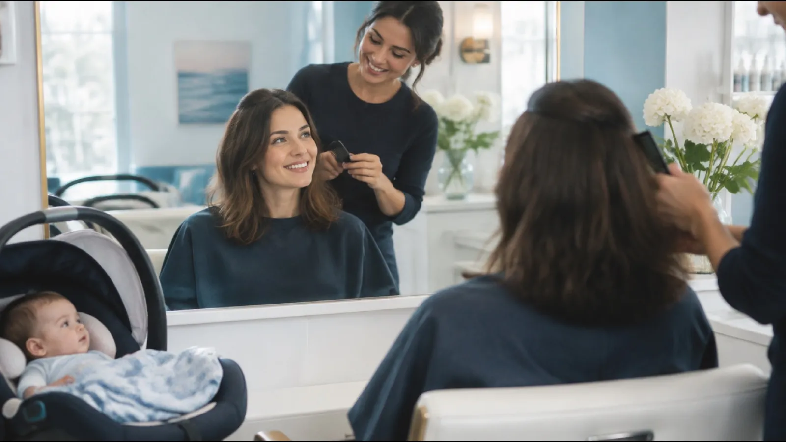 Stylist combing a smiling new mother's hair in a salon mirror while her baby rests in a car seat nearby