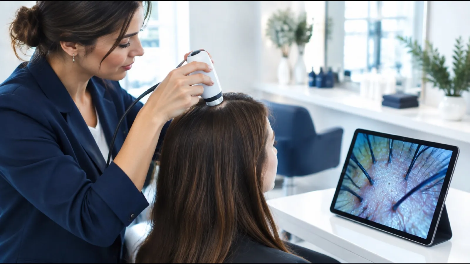 Hairstylist using a handheld scalp camera on a client's part line while a tablet shows a magnified view of follicles