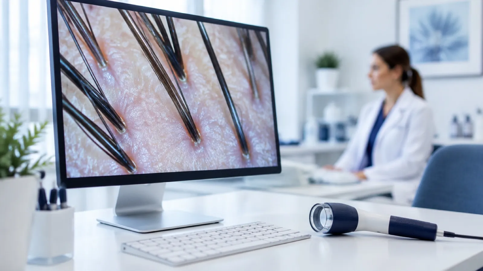 Monitor showing a magnified healthy scalp beside a handheld scalp scope