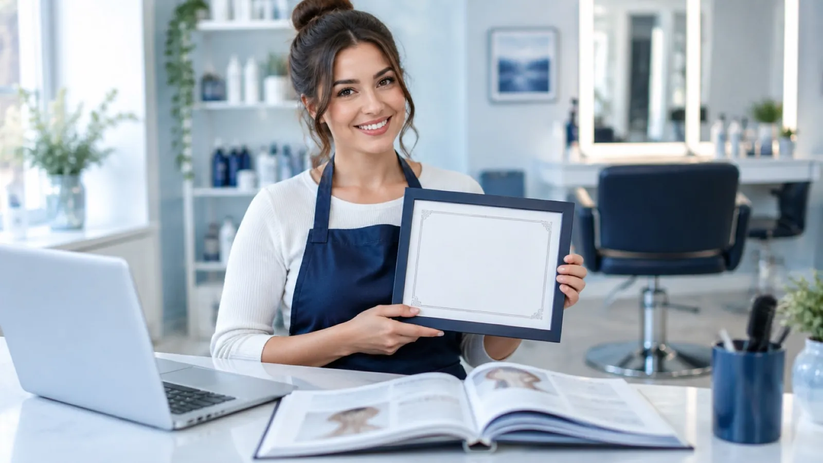 Hairstylist holding a certificate beside a textbook and laptop