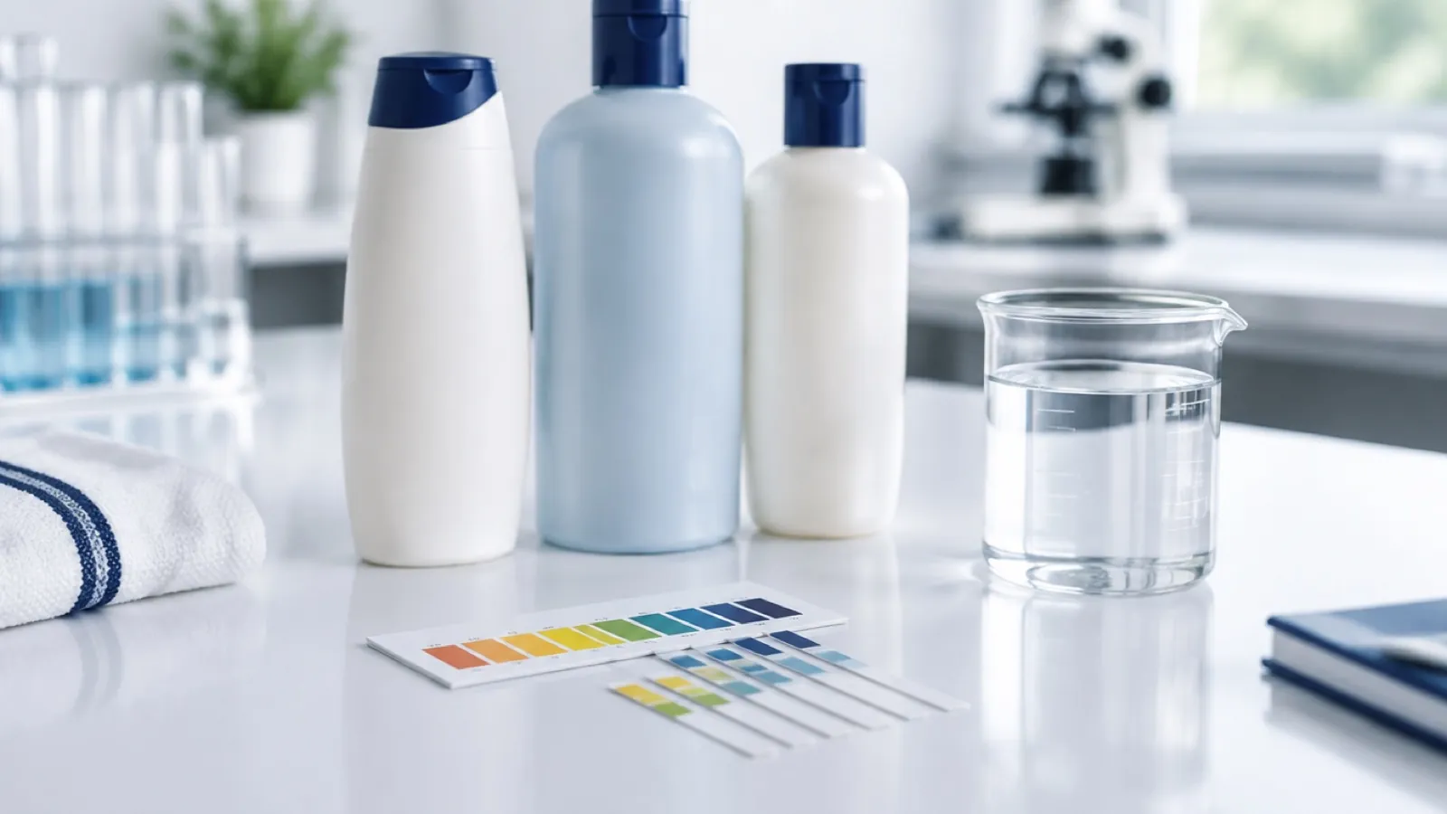 pH test strips beside plain shampoo bottles and a beaker of water