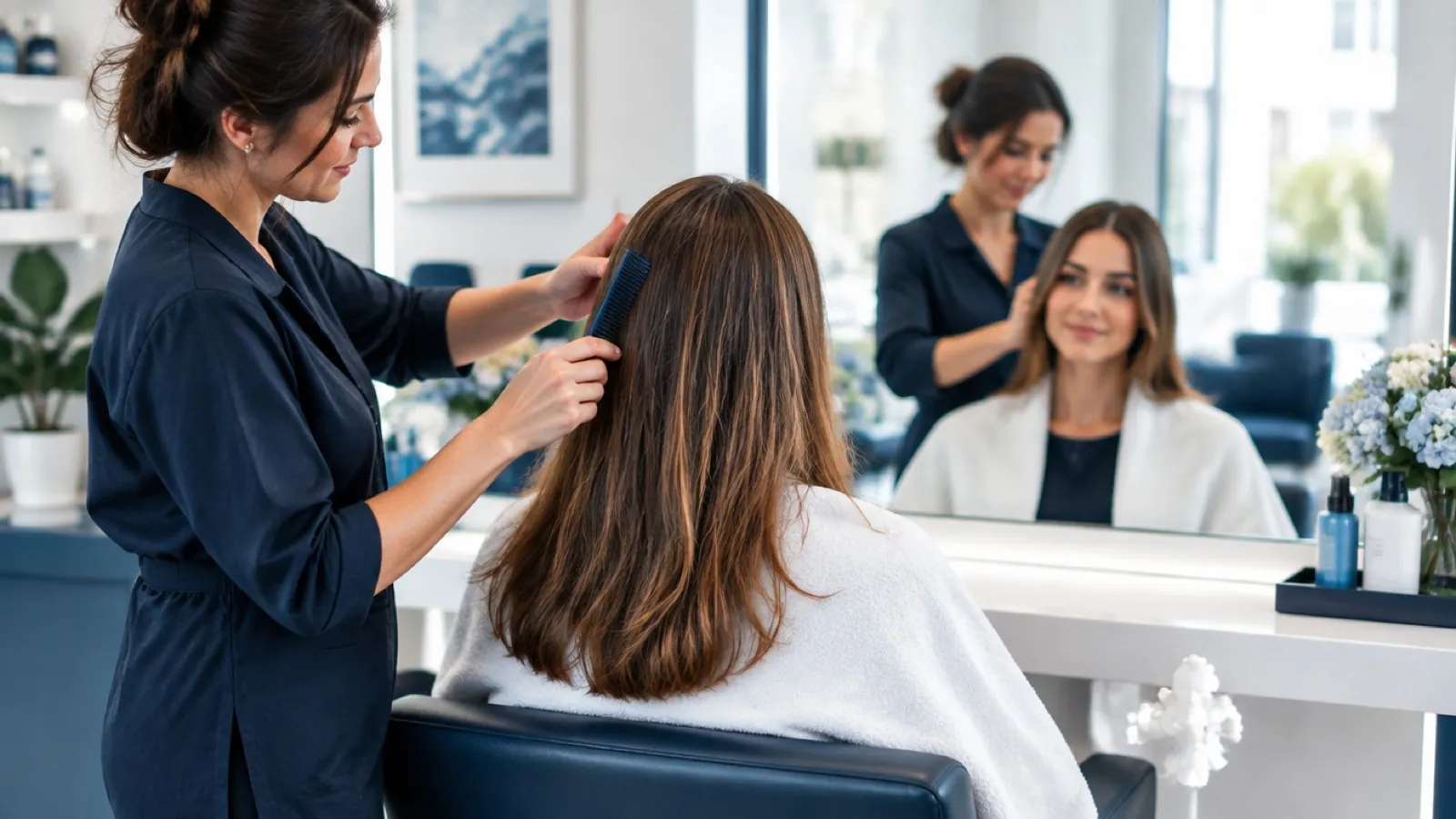 Hairstylist gently combing a relaxed client's hair at a salon station