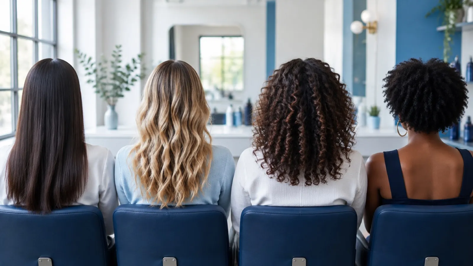 Four people with different hair textures seated in a salon