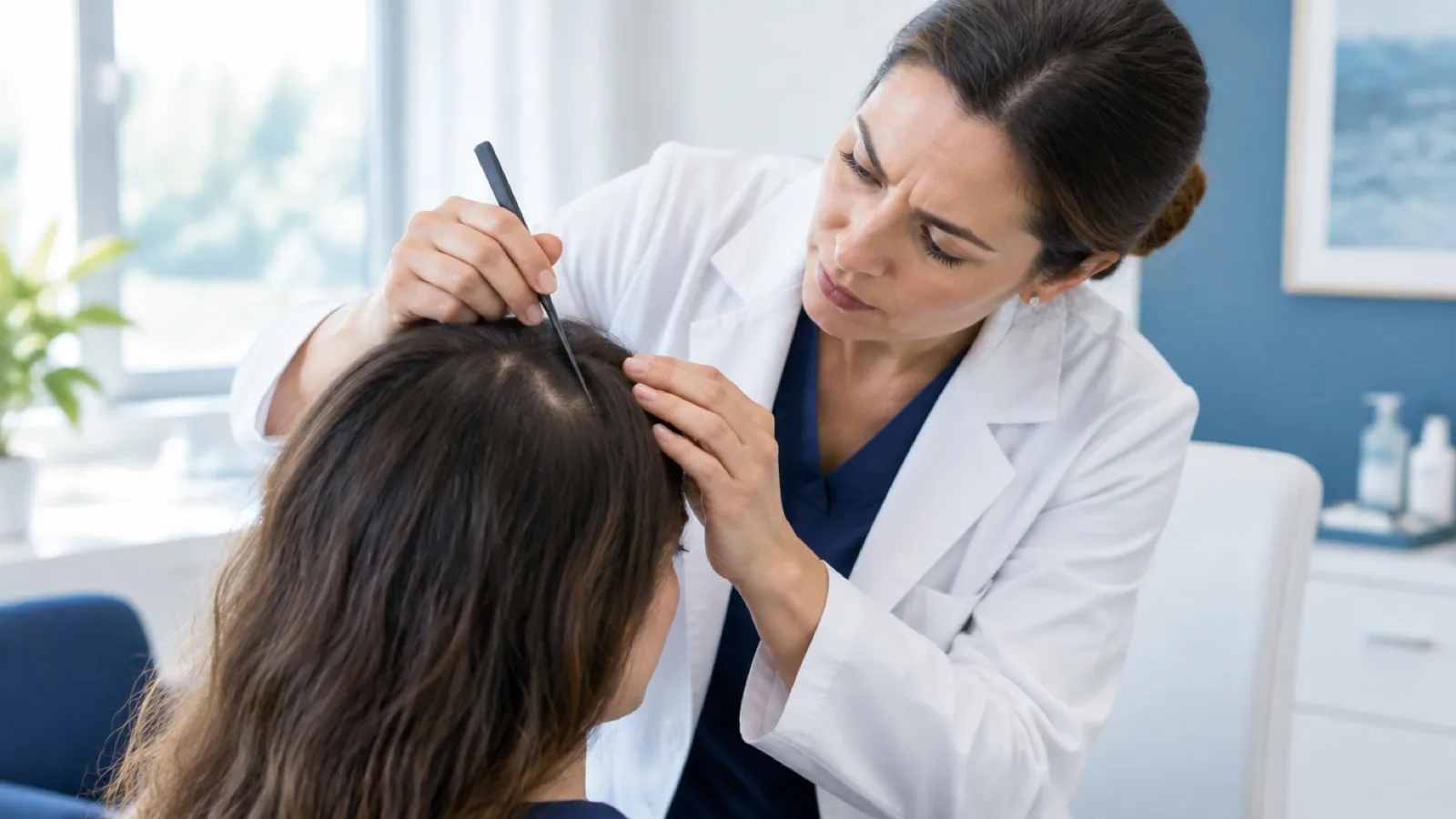 Professional examining a client's scalp with a tail comb