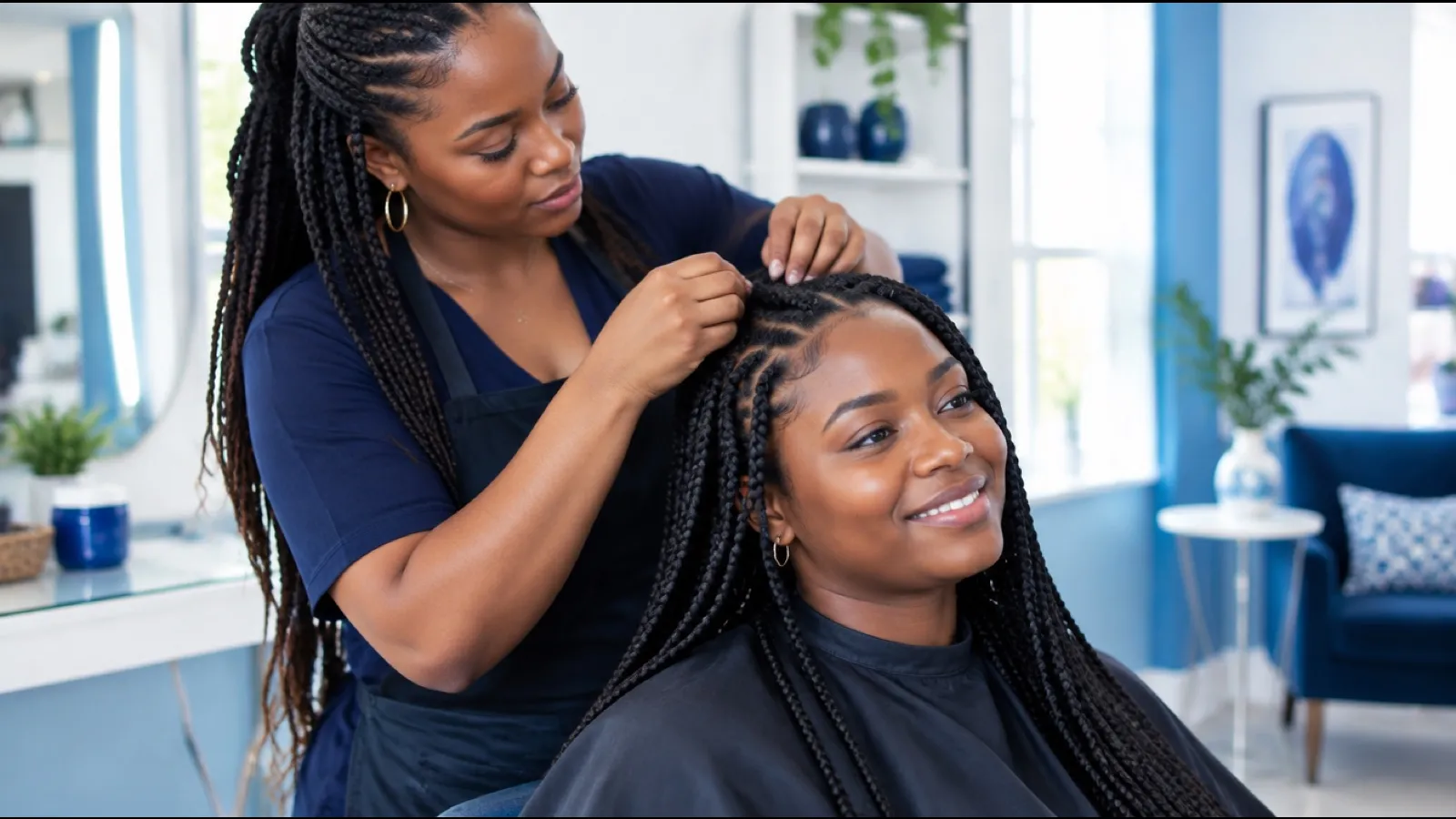Braider installing box braids on a smiling client, working at the hairline in a bright salon