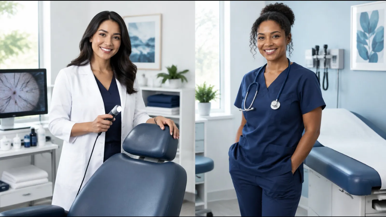 A trichologist in a white coat holding a scalp scope beside a consultation chair, next to a physician in navy scrubs with a stethoscope in an exam room