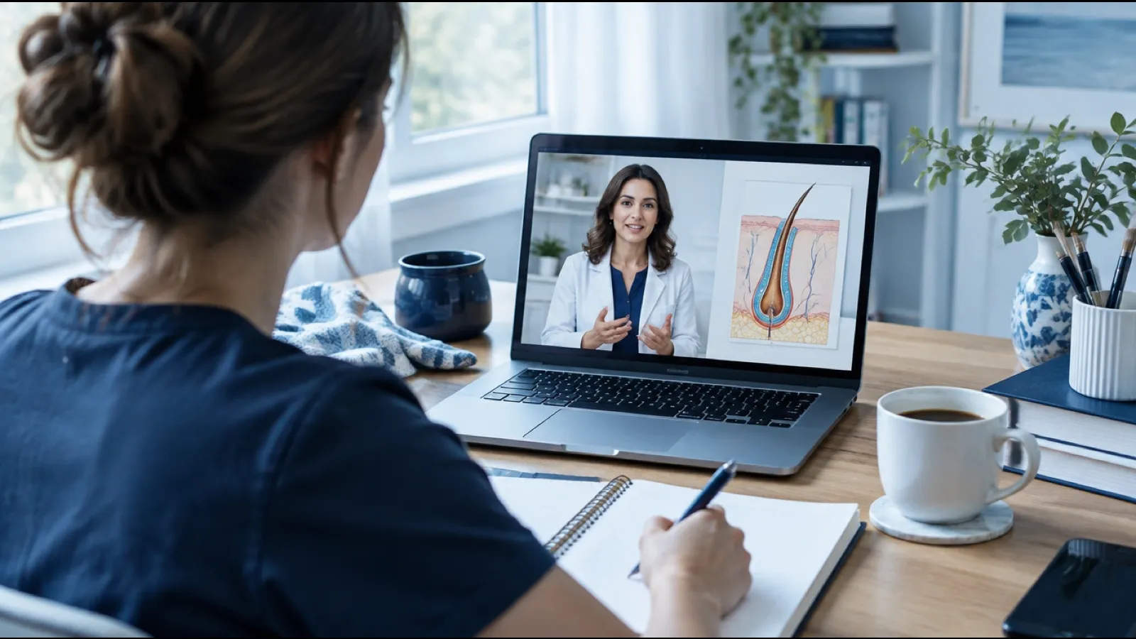 Student taking notes at home while watching an online trichology lesson with a follicle diagram on her laptop