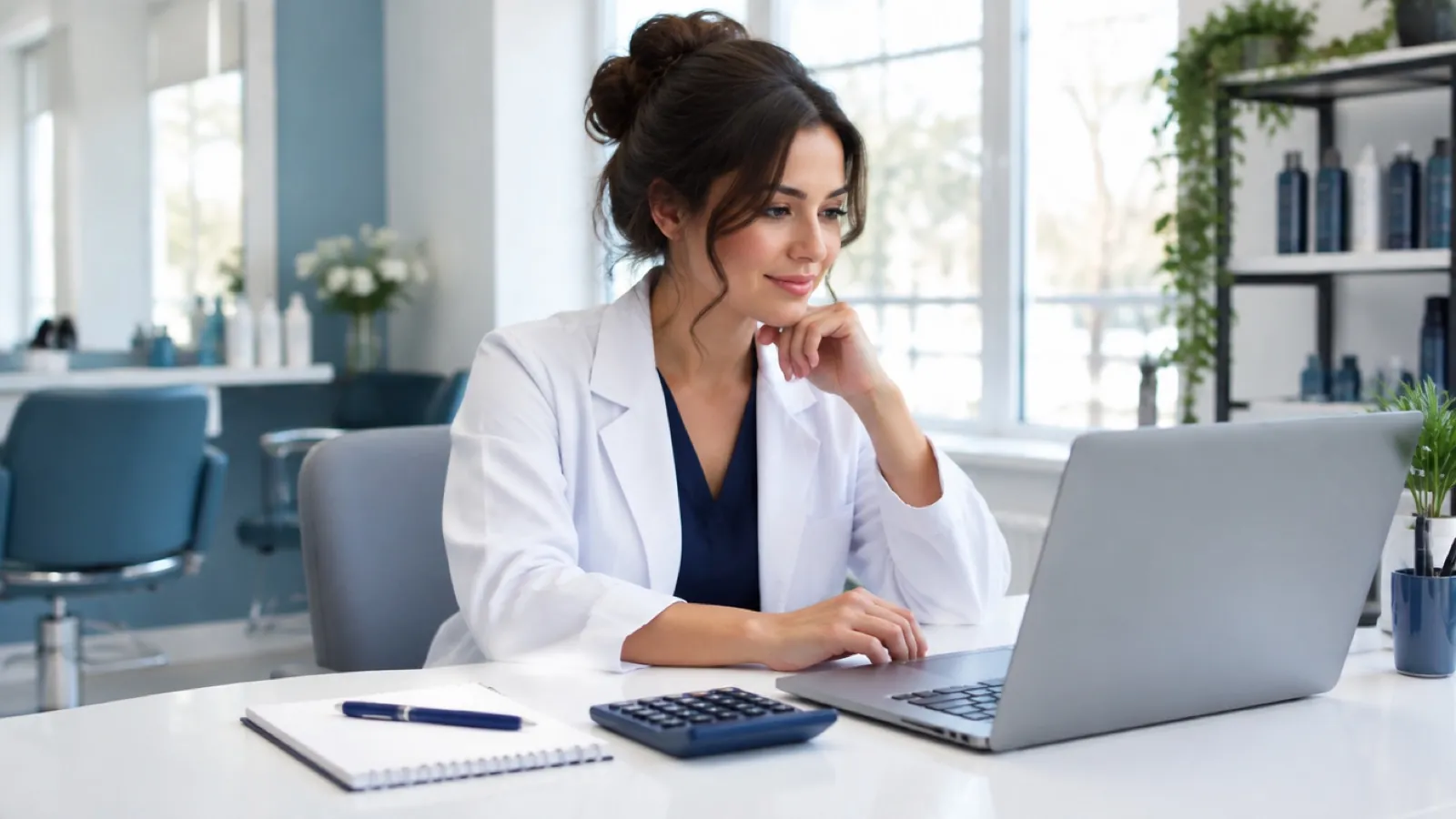 Trichologist in a white coat at a salon desk reviewing course costs on a laptop beside a calculator and notebook