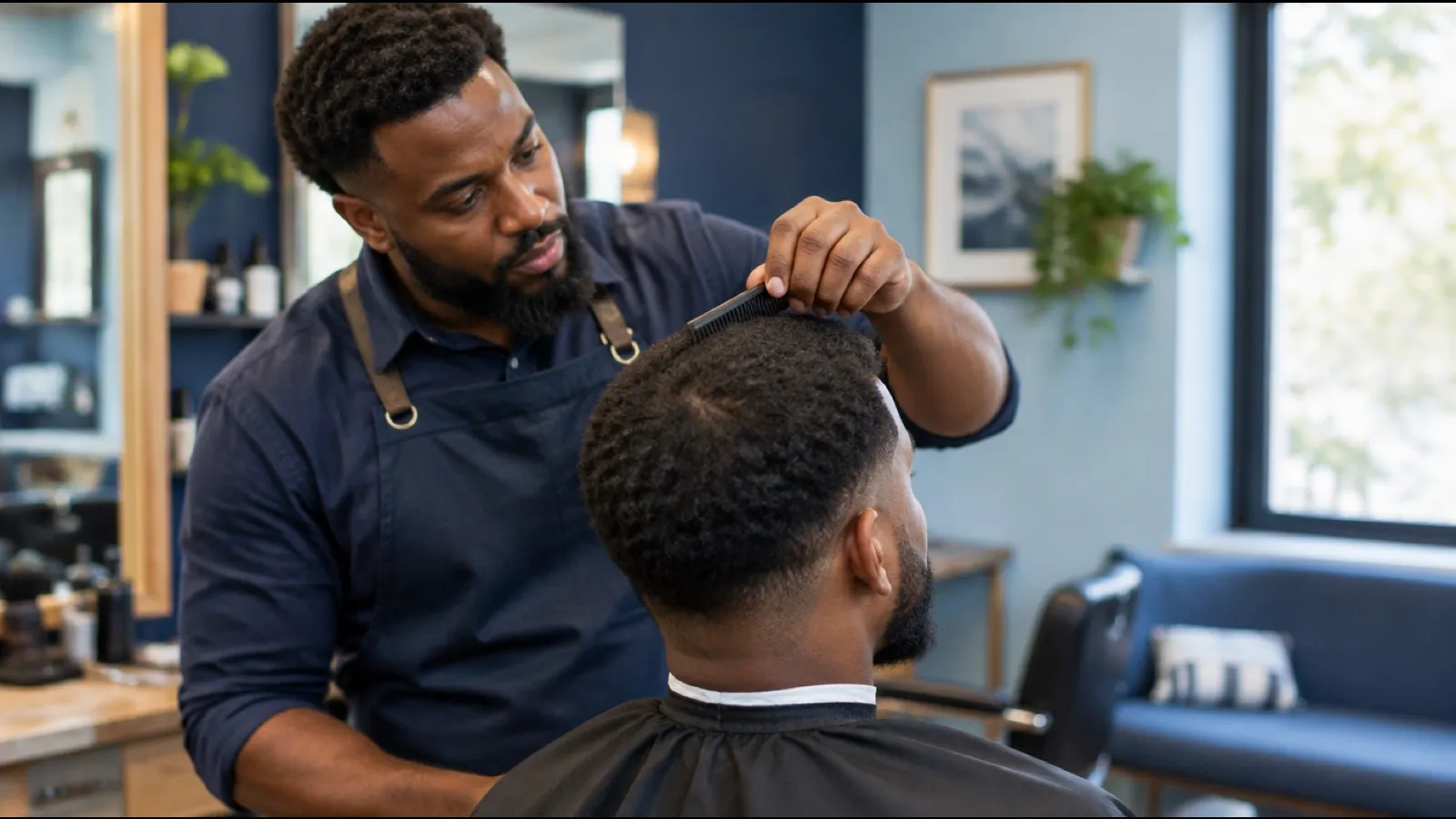 Barber in a navy apron combing a client's hair and checking the crown in a barbershop