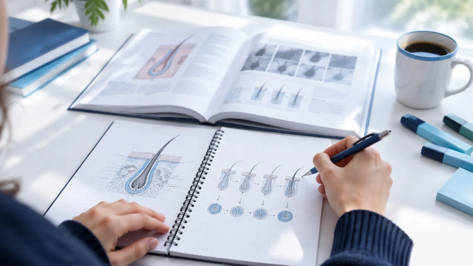 Student drawing hair follicle and growth cycle diagrams in a notebook