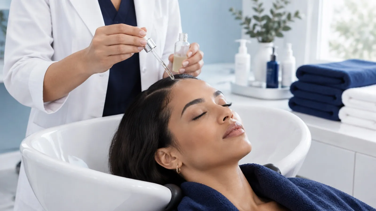 Professional applying a cosmetic scalp serum to a client at a salon basin