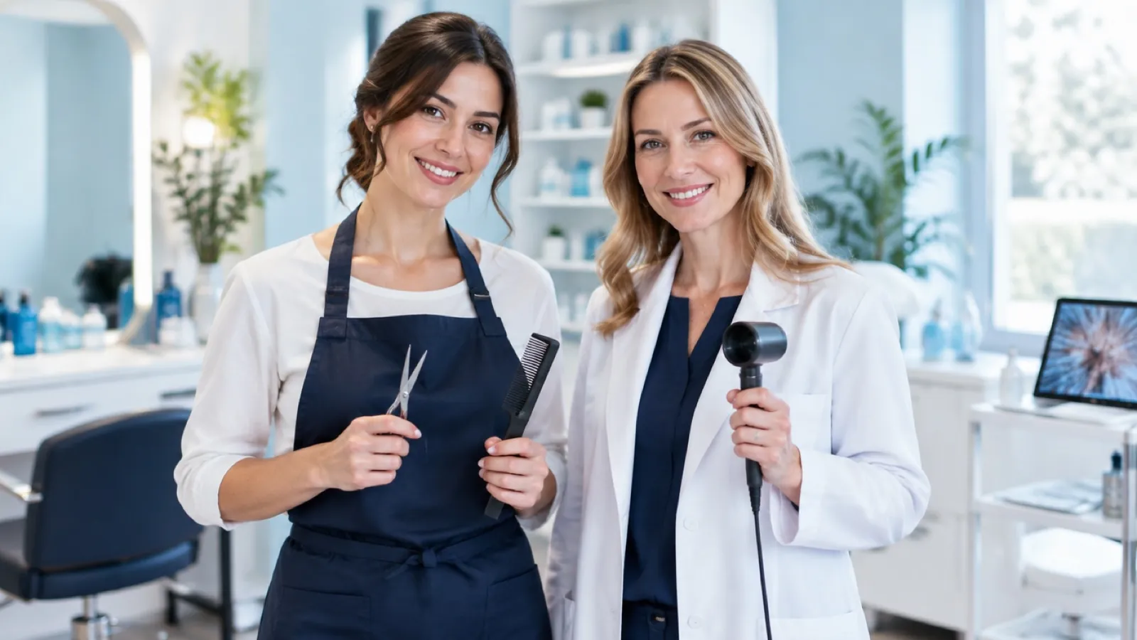 A hairstylist with scissors and a trichology professional with a scalp scope in a salon