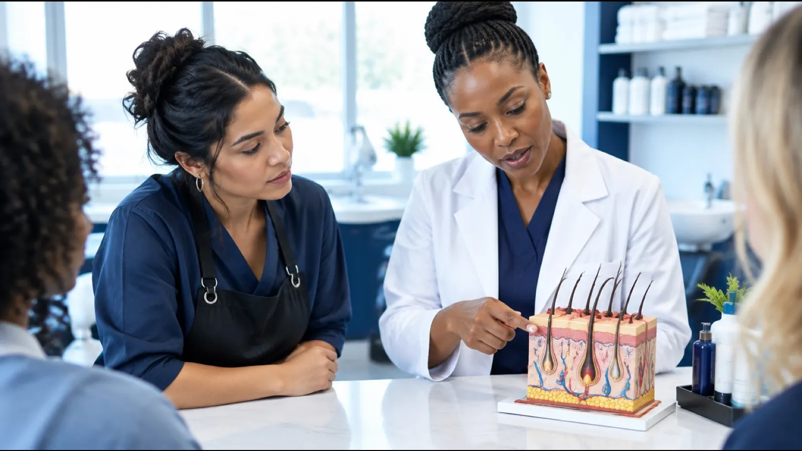 Trichology educator in a white coat pointing to a hair follicle model while stylists look on