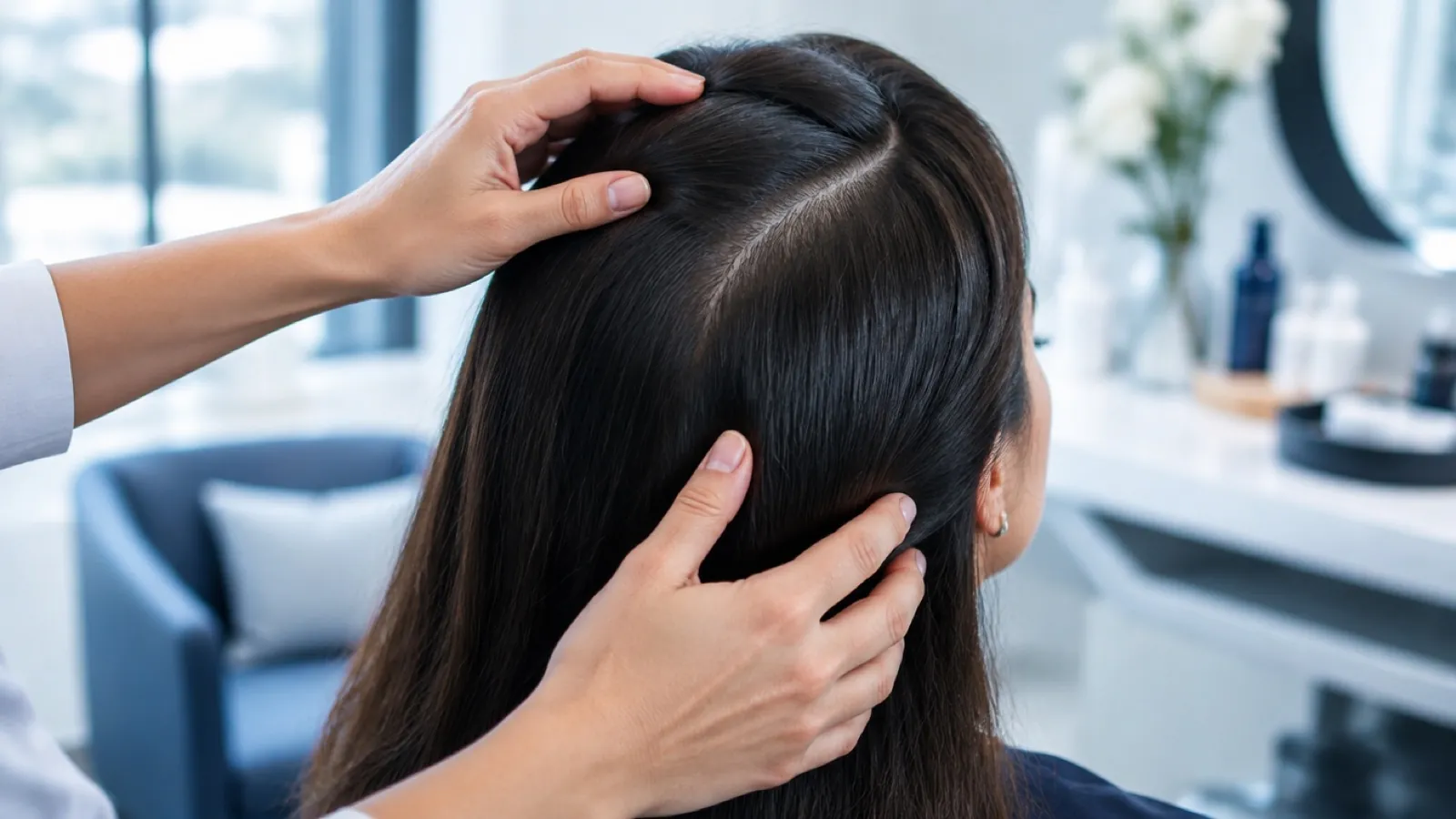 Professional parting a client's hair to show a healthy scalp