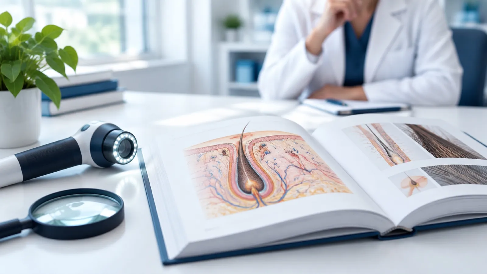 Open hair science textbook showing a hair follicle diagram beside a scalp scope