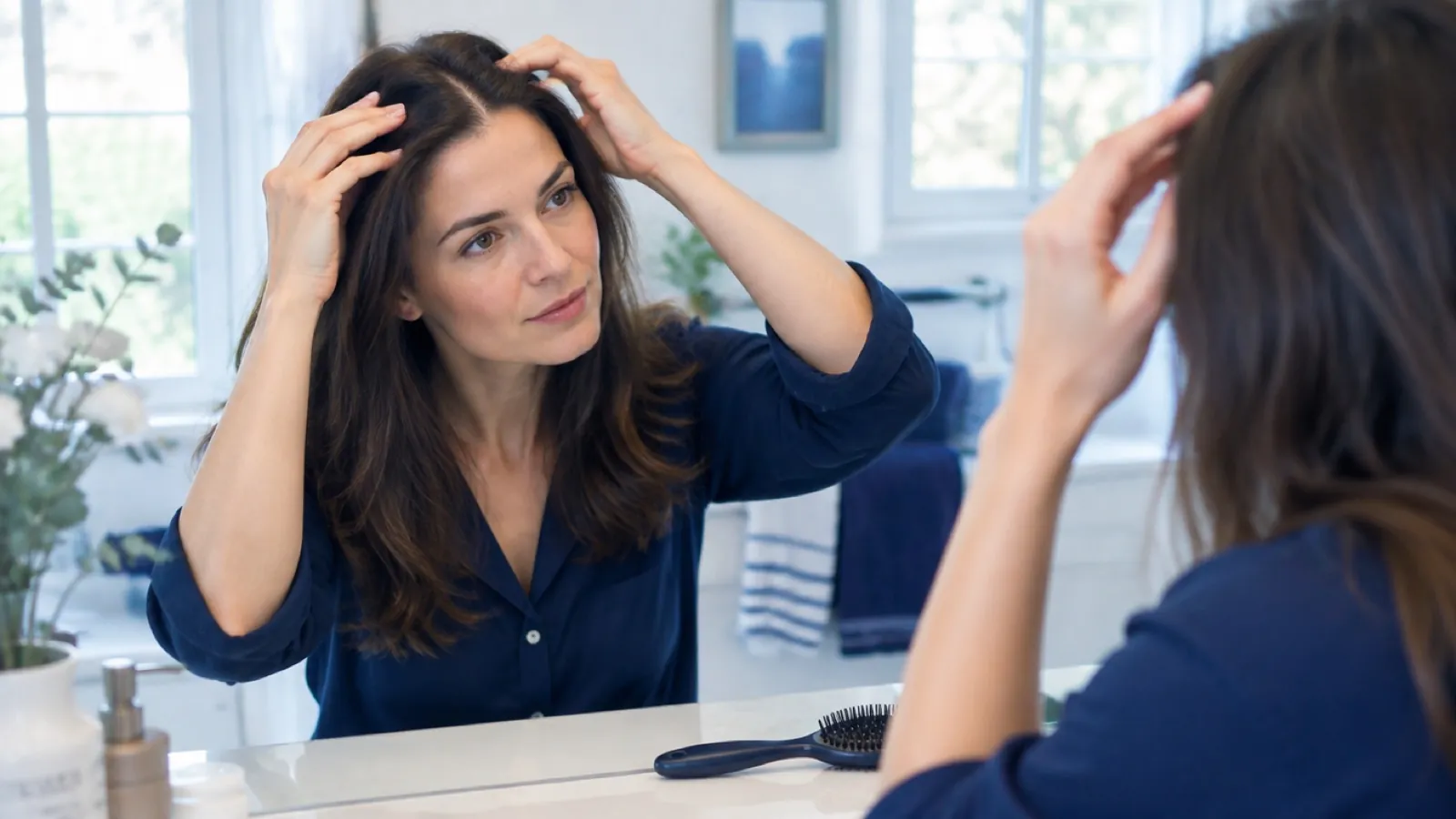 Woman checking her hair parting in a mirror